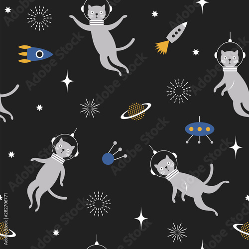 Seamless pattern with Space Cats. Spaceman. Idea for stationery design.  