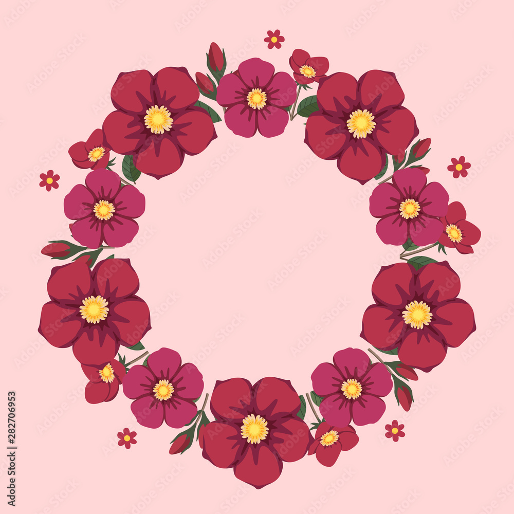 Floral greeting card and invitation template for wedding or birthday, Vector circle shape of text box label and frame, Red and pink flowers wreath ivy style with branch and leaves.