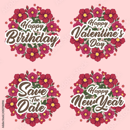 Red and pink flower greeting card message template for happy birthday  valentine s day  wedding and happy new year with flower wreath.