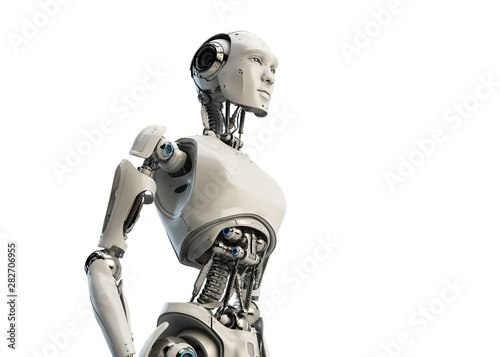Smart handsome robot male with an open mechanical digestive system, 3d rendering in profile