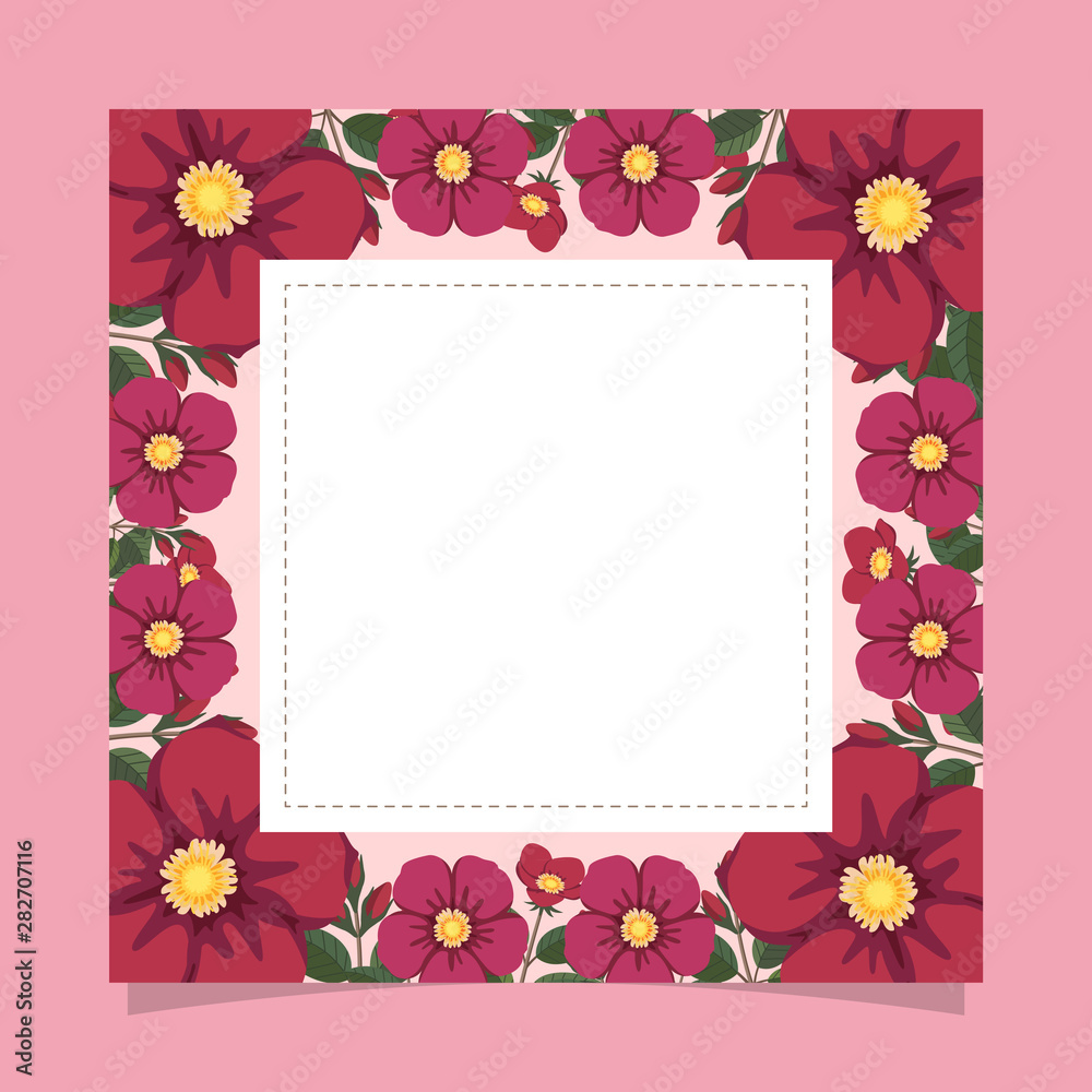 Floral greeting card and invitation template for wedding or birthday, Vector square shape of text box label and frame, Red and pink flowers wreath ivy style with branch and leaves. Floral greeting card and invitation template for wedding or birthday, Vector square shape of text box label and frame, Red and pink flowers wreath ivy style with branch and leaves.