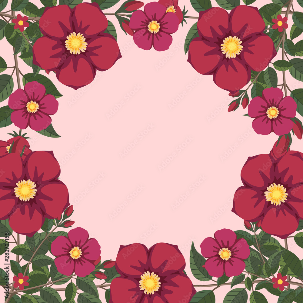 Floral greeting card and invitation template for wedding or birthday, Vector circle shape of text box label and frame, Red and pink flowers wreath ivy style with branch and leaves. Floral greeting card and invitation template for wedding or birthday, Vector circle shape of text box label and frame, Red and pink flowers wreath ivy style with branch and leaves.