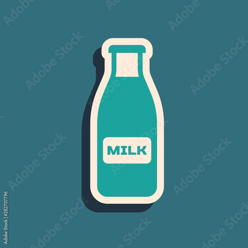 Green Closed glass bottle with milk and cap icon isolated on blue background. Long shadow style. Vector Illustration