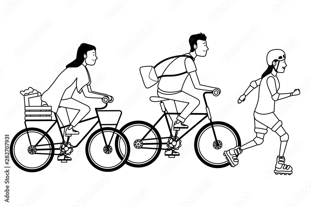 People with bikes and skates in black and white People with bikes and skates in black and white