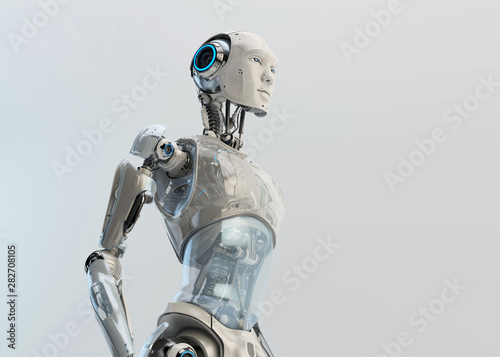 Stylish robotic male with oilcloth stomach cover, 3d rendering