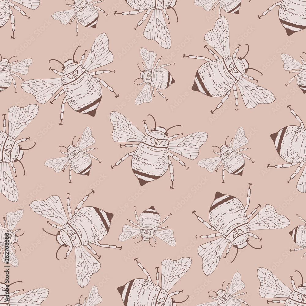 Seamless decorative pattern with cute bumblebees on the pastel background.