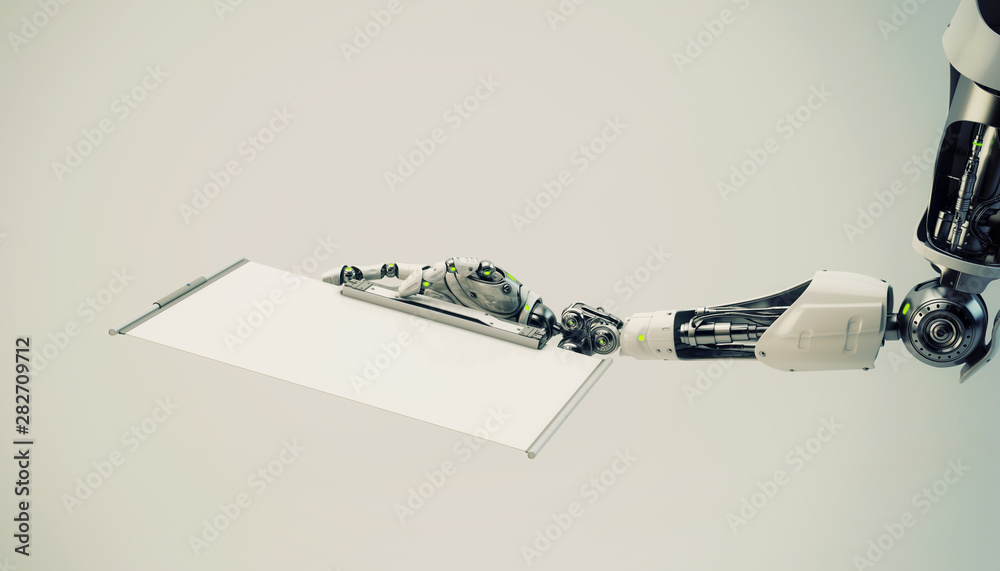 Artificial robotic arm holding blank sci-fi tablet, 3d rendering Artificial robotic arm holding blank sci-fi tablet, 3d rendering
