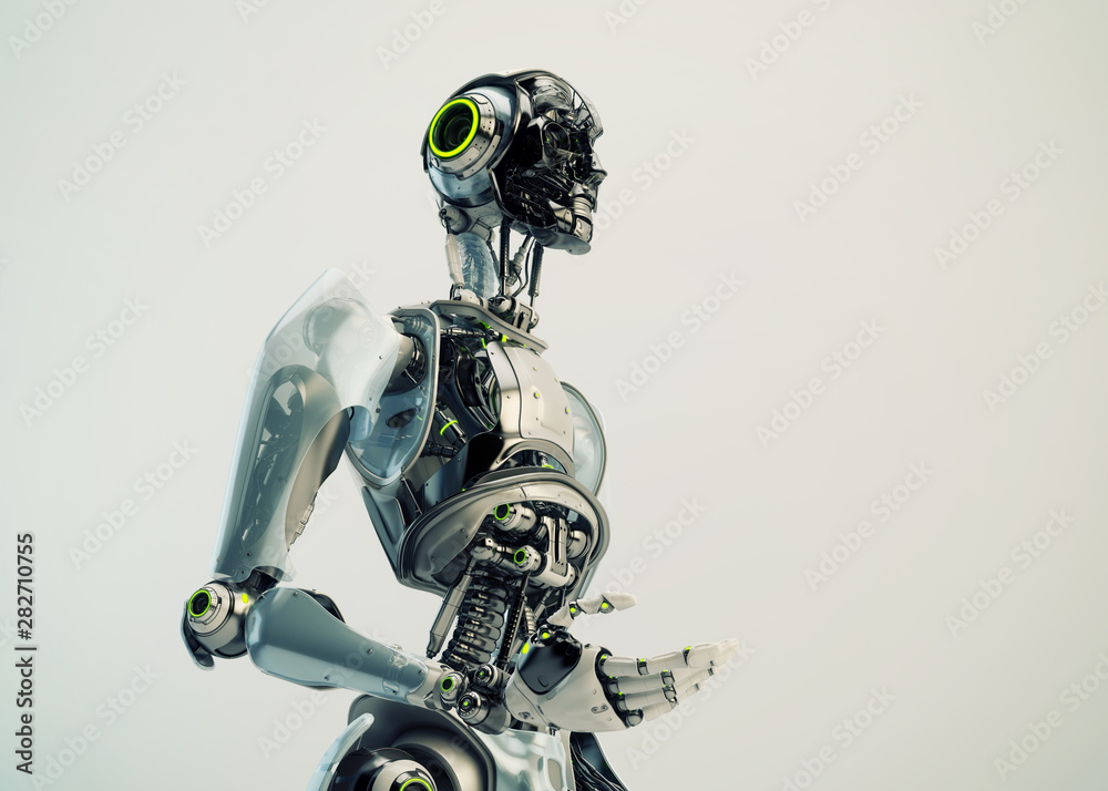 Faceless robotic man by torso, gesturing with arm 3d rendering Faceless robotic man by torso, gesturing with arm 3d rendering