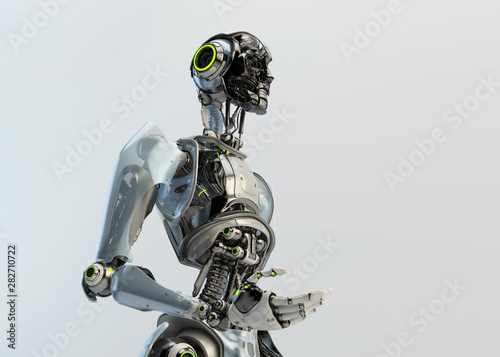 Faceless robotic man by torso, gesturing with arm 3d rendering