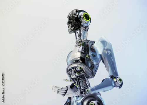 Faceless robotic man by torso, gesturing with arm 3d rendering