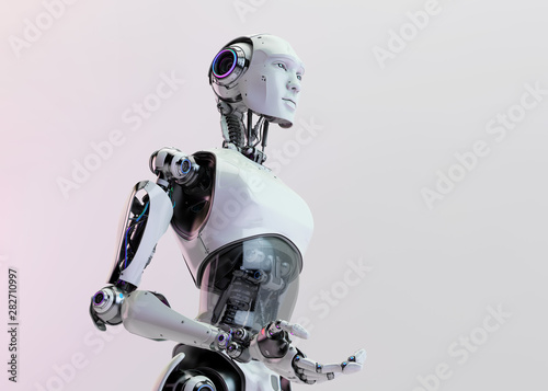 Cyborg man by torso, gesturing 3d rendering