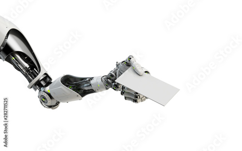 Sci-fi robotic arm showing blank card, 3d rendering