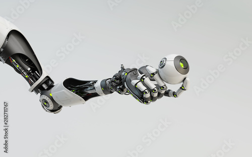 Futuristic robotic arm holding camera, 3d rendering