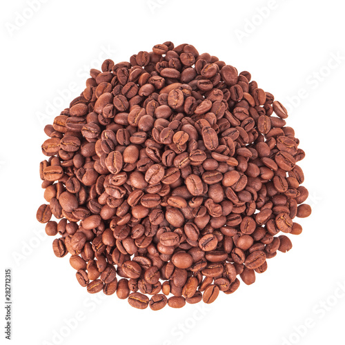heap of coffee beans isolated on white background. top view