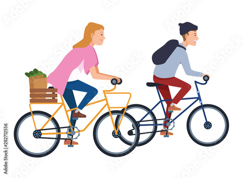 Young people riding bicycles cartoon
