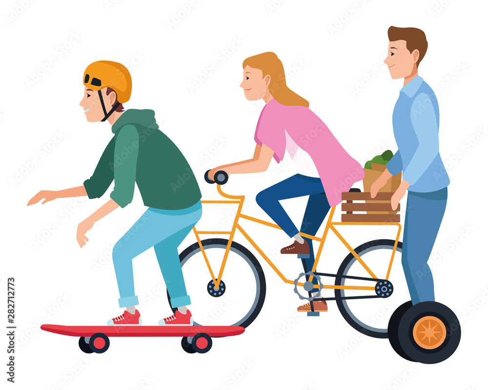 People with bikes skateboard and scooter