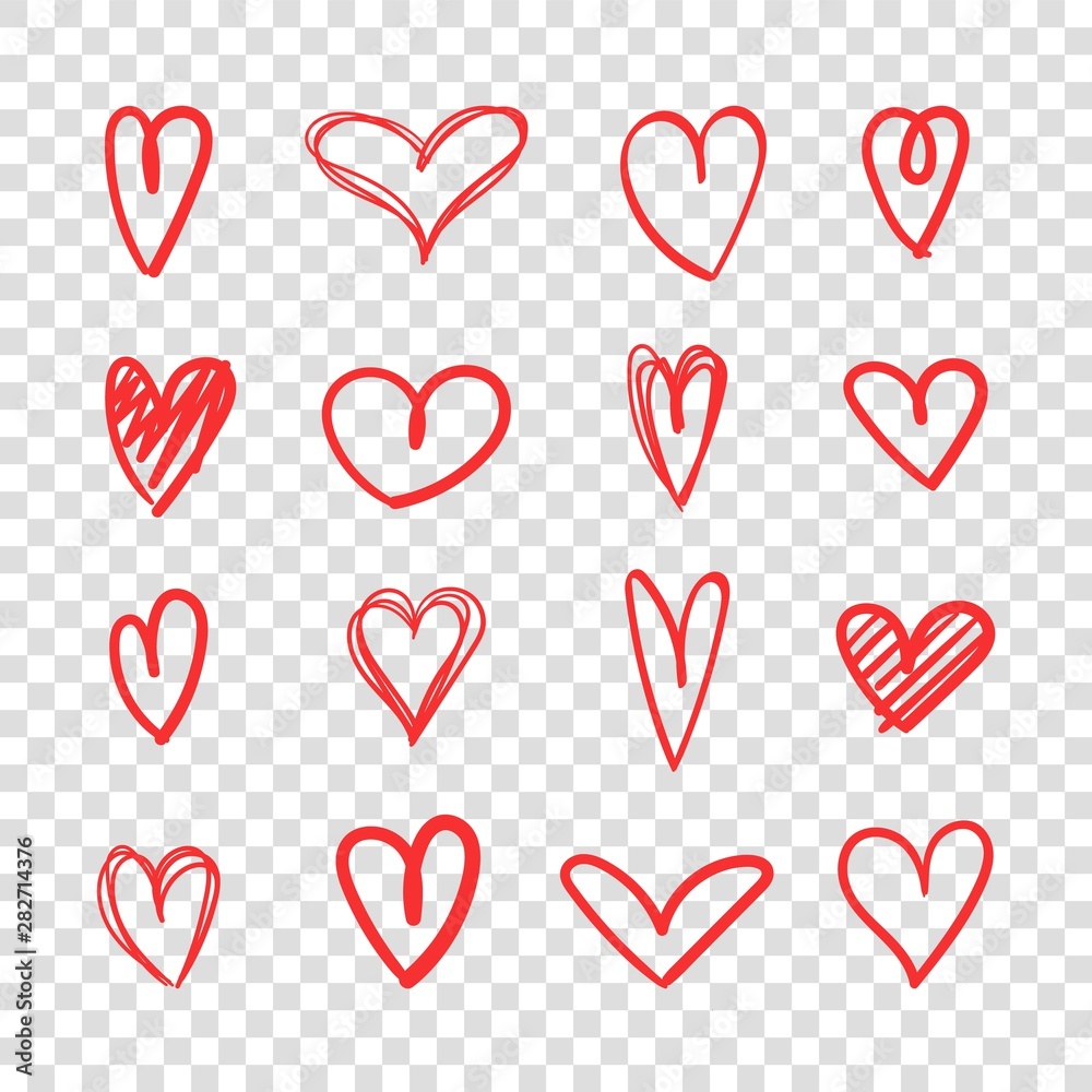 Heand drawn heart icon set. Red heart sketch art on transparent background. Live broadcast of video, chat likes. Love symbol