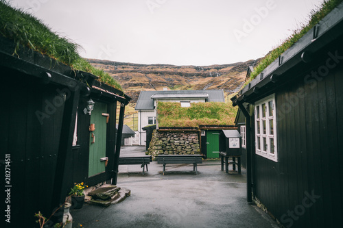 Village houses with grass on the roof Faroe Islands 