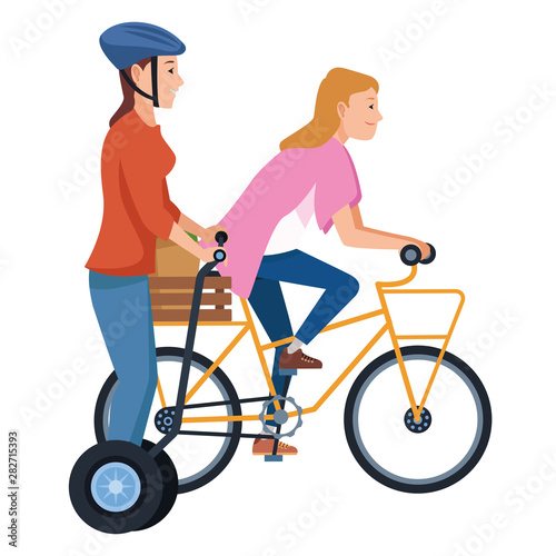 Young people riding bike and scooter