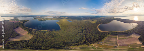 The lakes Naroch and Miasto, National park Narochansky, Belarus. Drone aerial panorama 360° photo