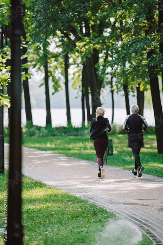 back view of mature sportsman and sportswoman jogging on pavement in park