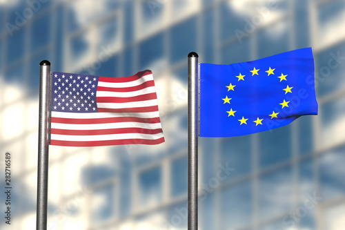3d render of an flag of USA and Europe, in front of an blurry background, with a steel flagpole