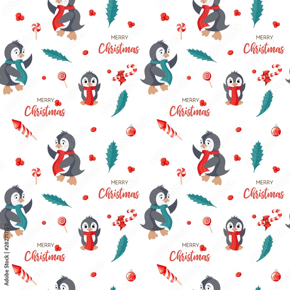 Seamless pattern with cute penguins. Hand-drawn vector illustration background