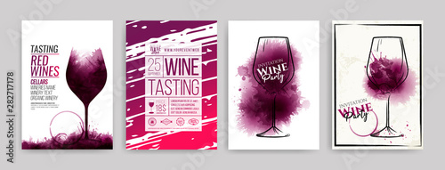 Collection of templates with wine designs.  illustration and hand drawing of wine glass. Brochure, poster, invitation card, promotion banner, menu, list, cover. Wine stains backgrounds.