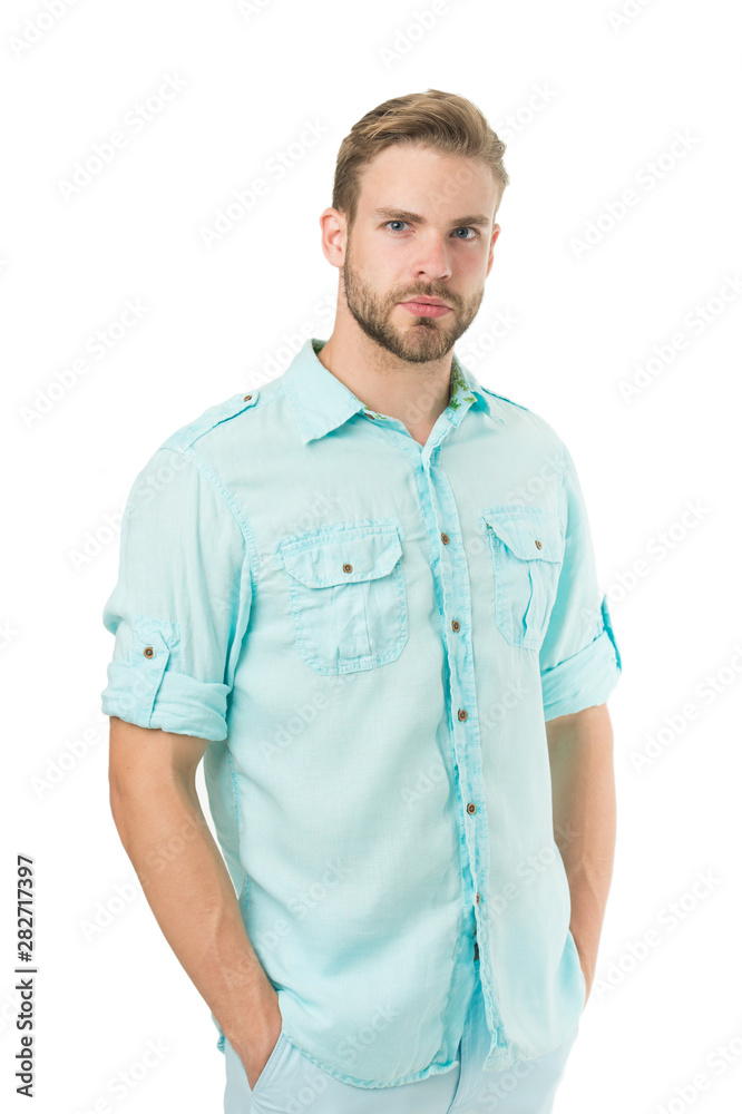Fototapeta premium Fashion shop. Man with stylish hair and healthy skin. Guy with unshaven face and mustache. Beard grooming and hair care in barbershop. Well groomed handsome man isolated white background. Bearded man