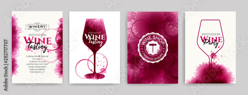 Collection of templates with wine designs. Elegant wine glass illustration. Brochure, poster, invitation card, promotion banner, menu, list, cover. Background red and rose wine stains.