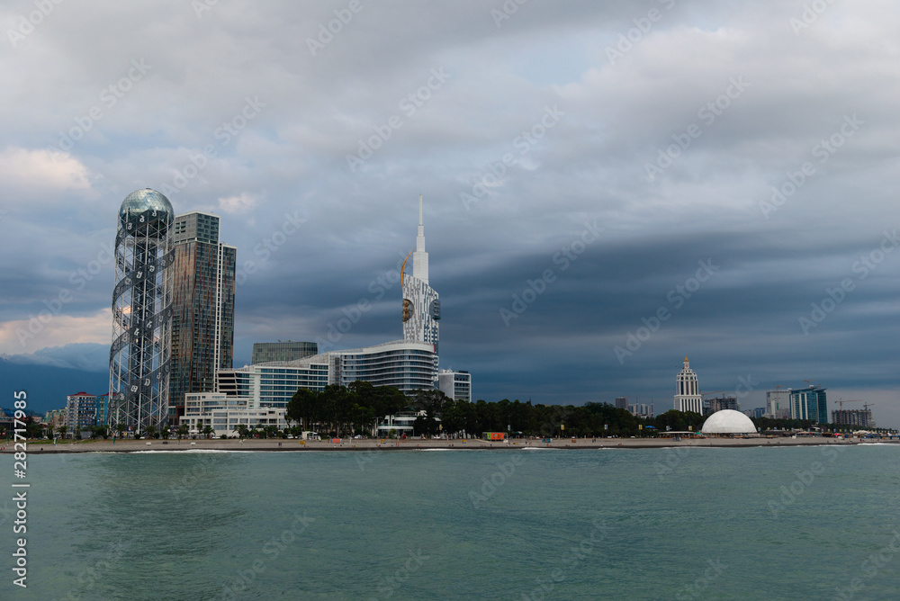 BATUMI, ADJARA, GEORGIA - JUNE 28: Alphabetic Tower and beautiful modern buildings on June 28, 2019 in Batumi. Amazing view from the Black sea.