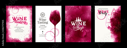 Collection of templates with wine designs. Elegant wine glass illustration. Brochure, poster, invitation card, promotion banner, menu, list, cover. Background red and rose wine stains. photo
