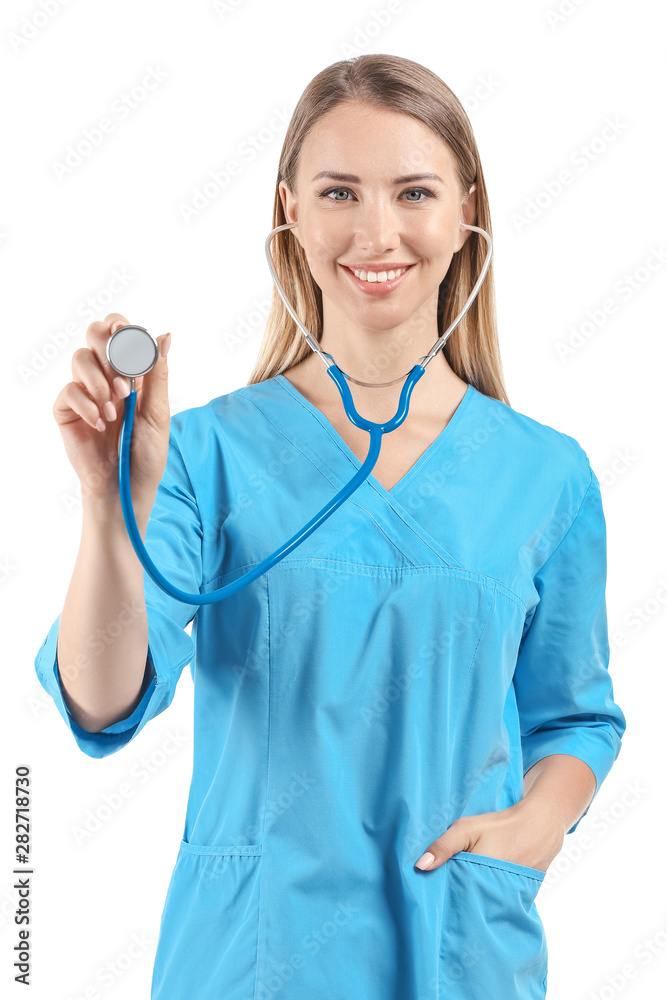 Female nurse with stethoscope on white background Female nurse with stethoscope on white background