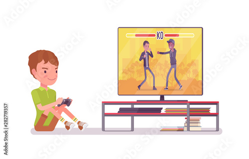 Boy child 7-9 years old, console gaming male school age kid. Schoolboy sitting at screen, enjoys playing video games, free time fun. Vector flat style cartoon illustration isolated, white background