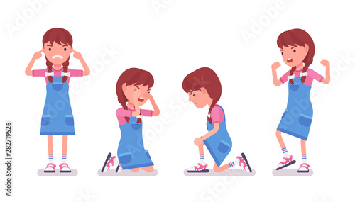Girl child 7 to 9 years old, negative female school age kid. Unhappy angry schoolgirl crying, feeling hurt and upset with bullying. Vector flat style cartoon illustration isolated on white background