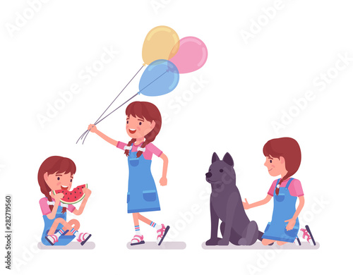 Girl child 7 to 9 years old, female school age kid activity. Schoolgirl with a dog, enjoys eating watermelon, holding air balloons. Vector flat style cartoon illustration isolated, white background