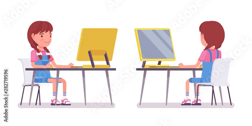Girl child 7 to 9 years old, female school age kid working at personal computer, schoolgirl doing project, study. Vector flat style cartoon illustration isolated on white background, front, rear view