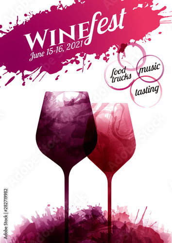 Illustration of two wine glasses with red and rose wine stains, vector. Splashes of wine, liquid, drops, circles of glass. Drawing for wine designs.