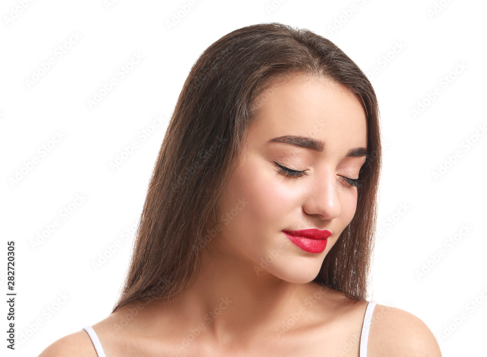 Beautiful young woman with bright lipstick on white background Beautiful young woman with bright lipstick on white background