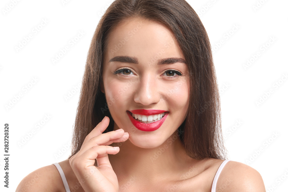 Beautiful young woman with bright lipstick on white background Beautiful young woman with bright lipstick on white background