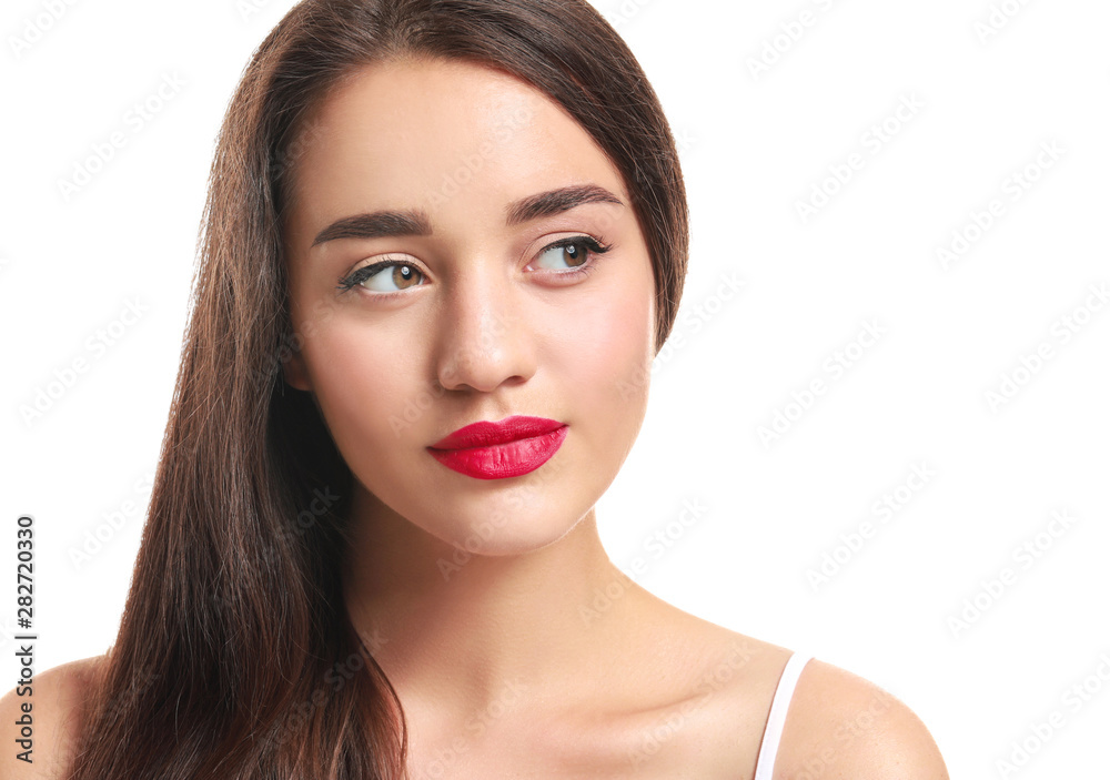 Beautiful young woman with bright lipstick on white background Beautiful young woman with bright lipstick on white background