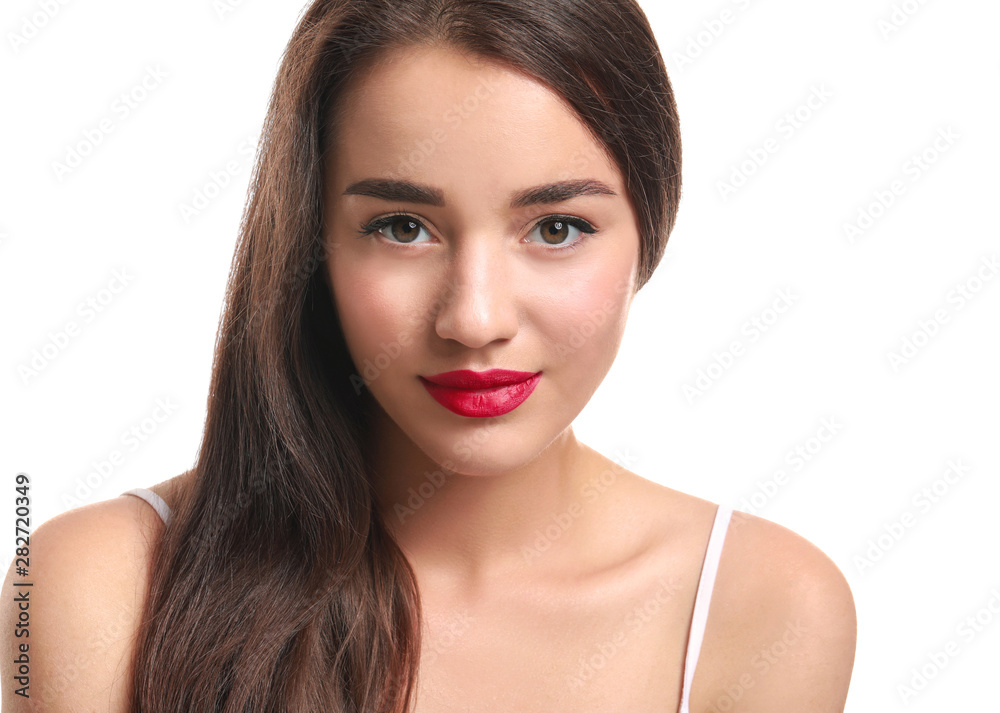 Beautiful young woman with bright lipstick on white background Beautiful young woman with bright lipstick on white background