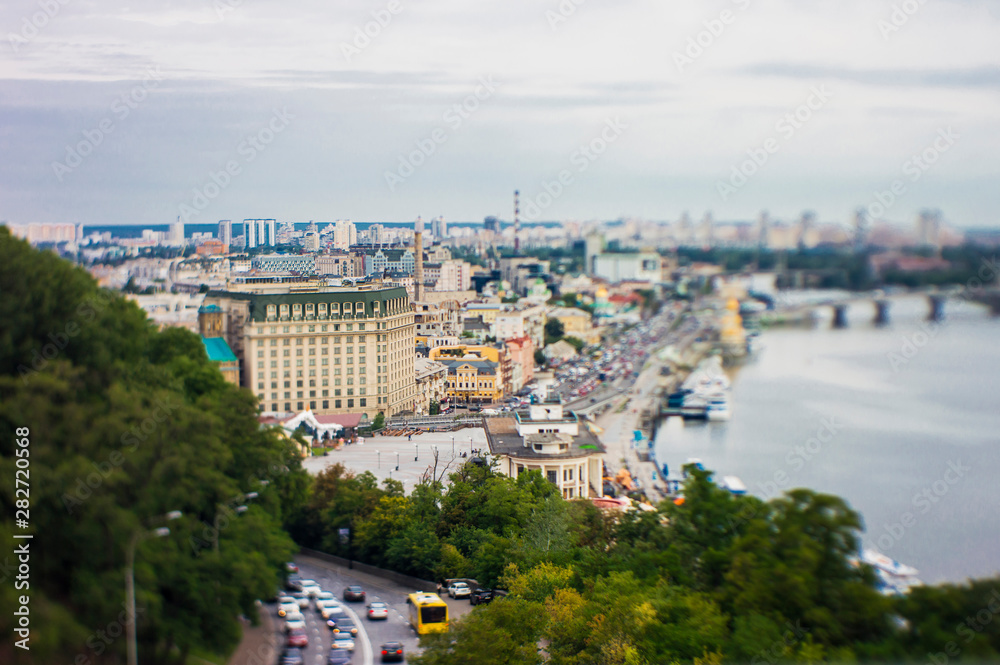 Kiev city panorama, blurred background tilt shift