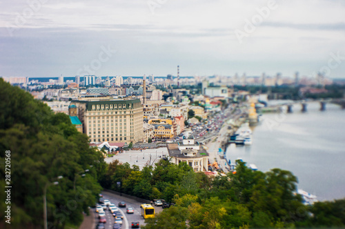 Kiev city panorama, blurred background tilt shift