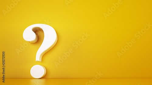 Big white question mark on a yellow background. 3D Rendering