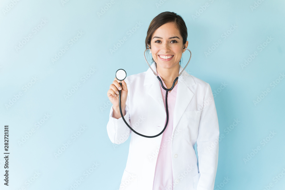 Female Doctor With Stethoscope On Isolated Background Stock Photo | Adobe  Stock