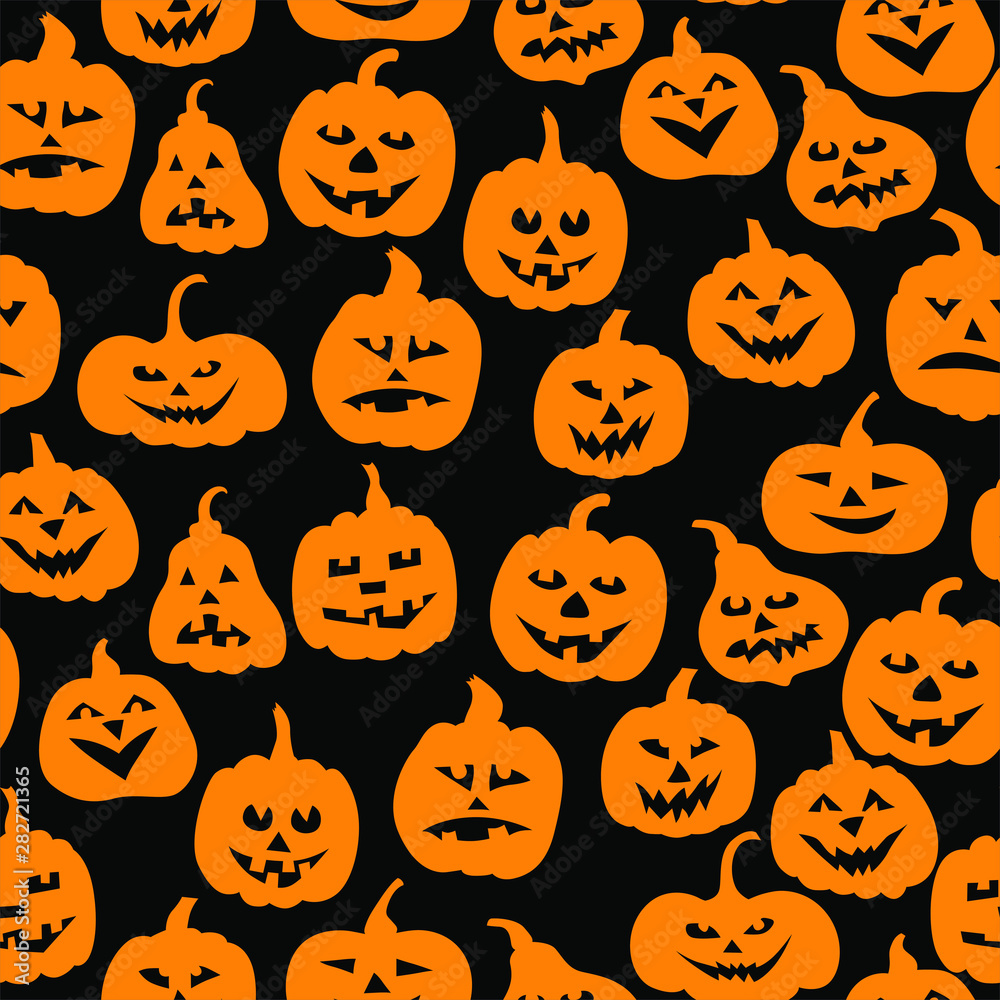 Vector illustrations of Halloween funny horror pumpkin pattern seamless on black background Vector illustrations of Halloween funny horror pumpkin pattern seamless on black background