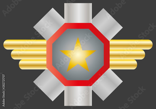 Medalla militar con estrella dorada y chapa plateada.
