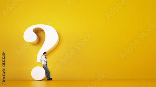 Man leaning on a big white question mark on a yellow background. 3D Rendering