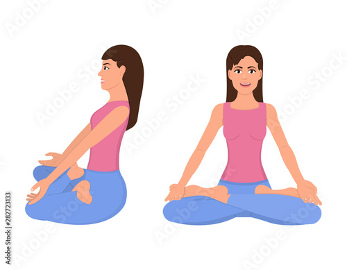 Girl sitting in lotus position front and side view, icons in flat style, woman doing yoga or meditation vector illustration
